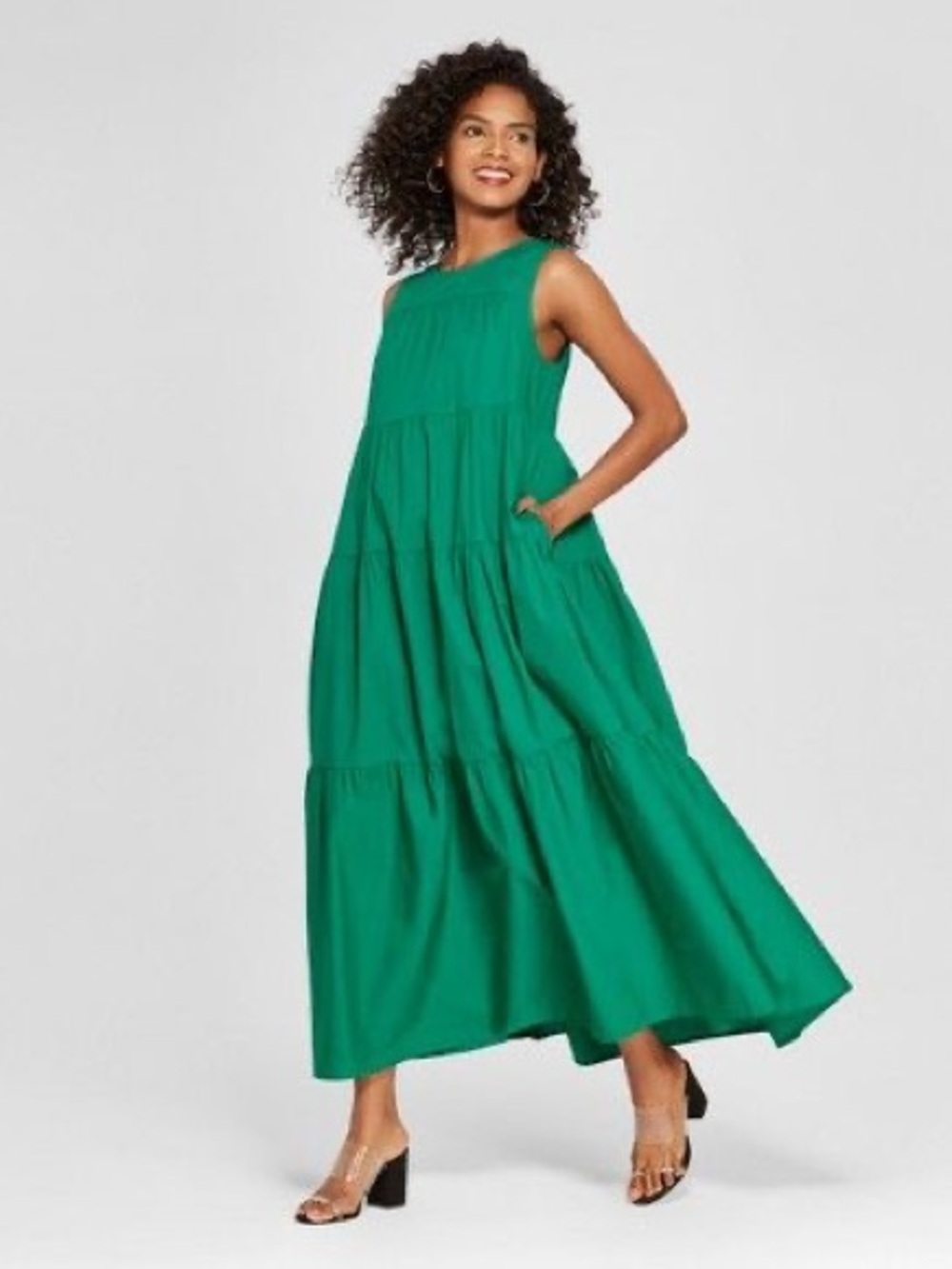 Who What Wear XXL Green Tiered Cotton Maxi Dress Sleeveless Babydoll Pockets